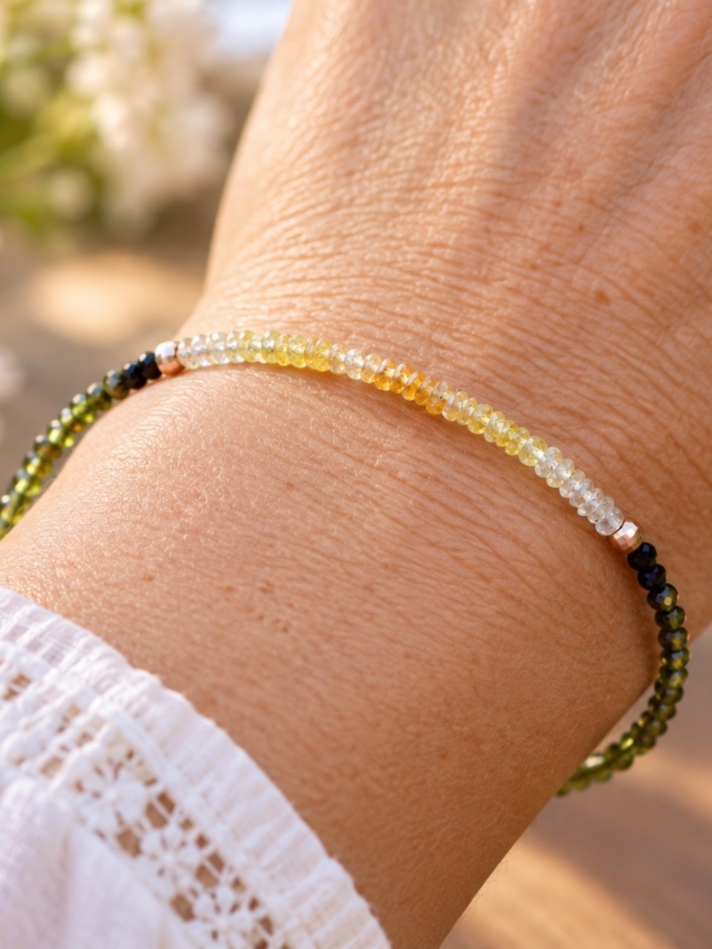 Natural Yellow Sapphire Green Tourmaline Bracelet Solid 14K Rose Gold , 7.1"